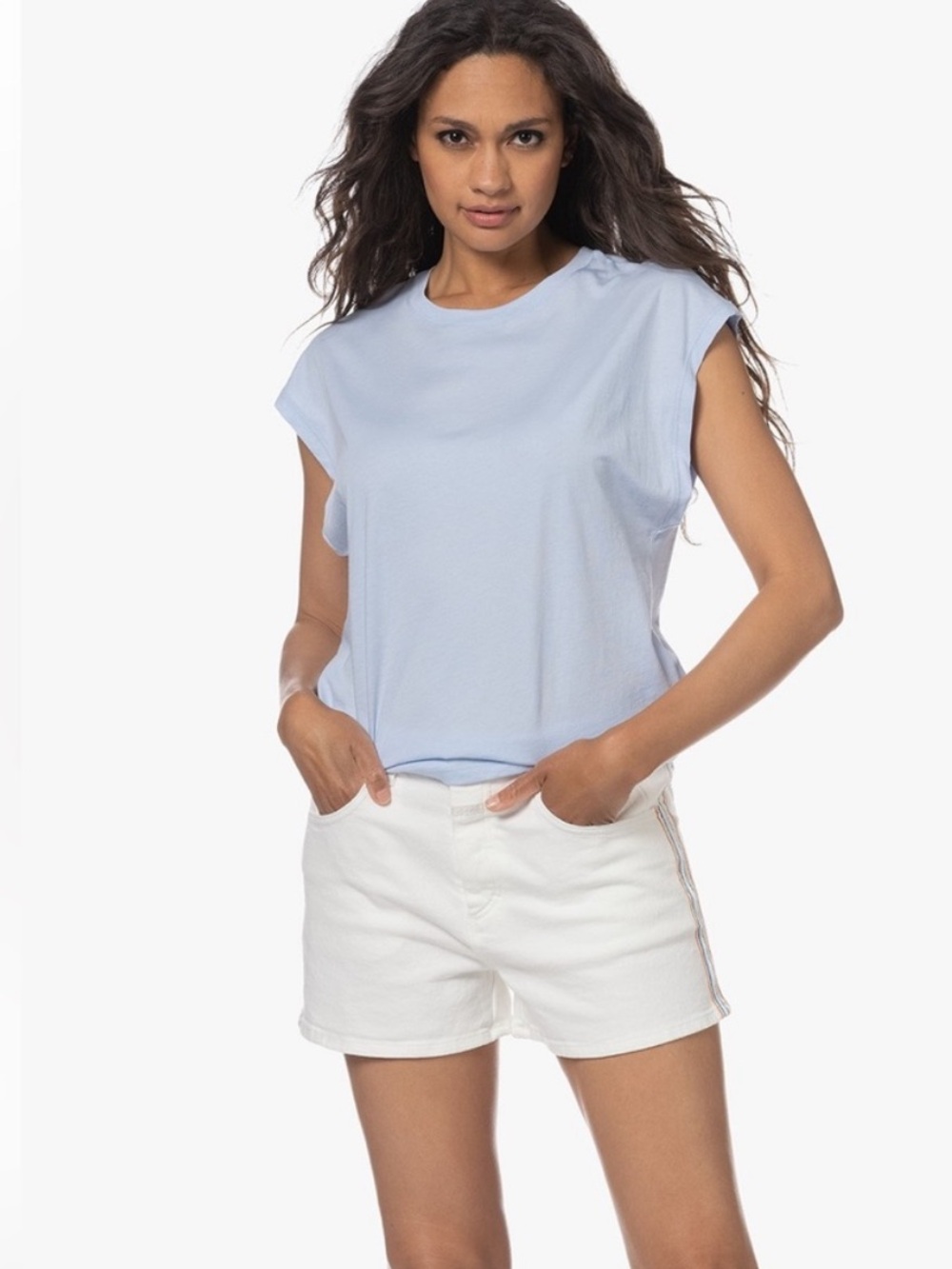 Frame Denim Le Mid Muscle Crew Light Blue Cotton Tee XS
